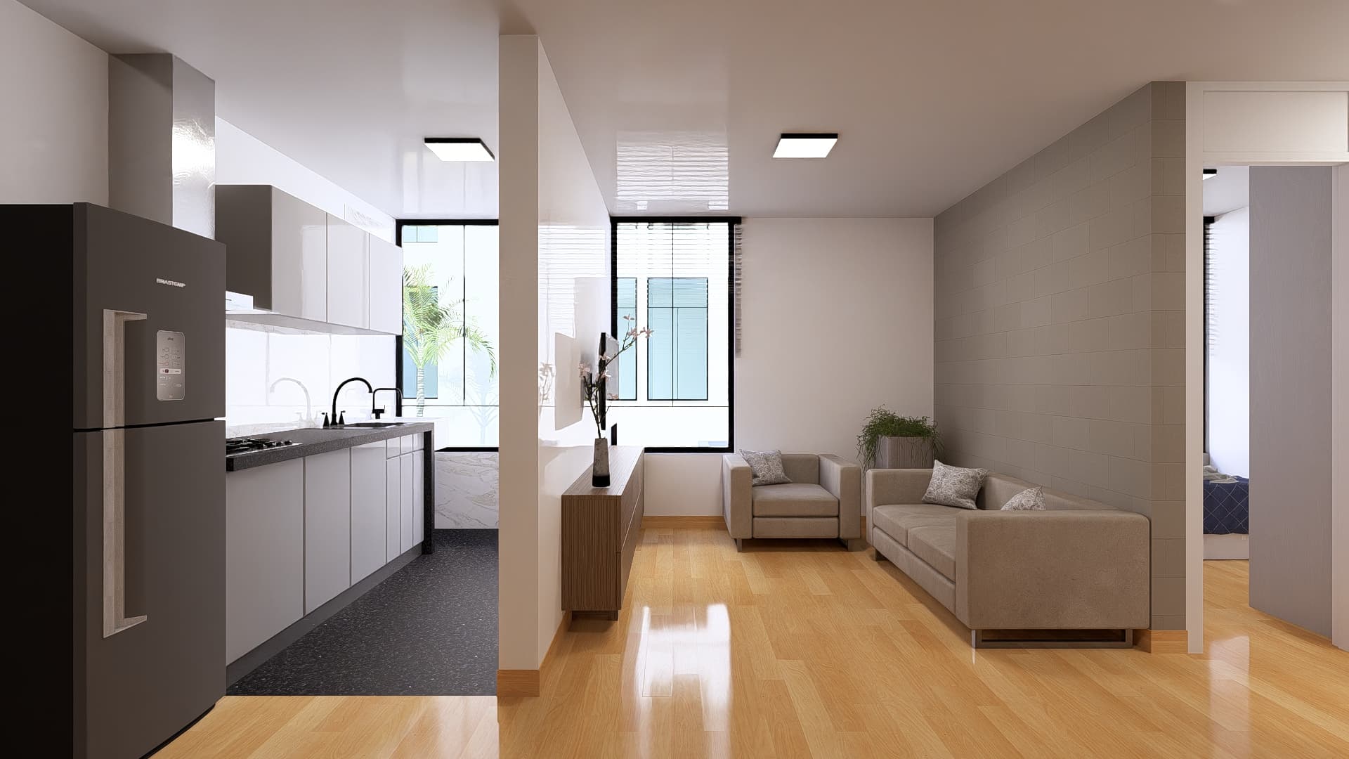 Cocina y sala vista lateral de Residencial San Felipe